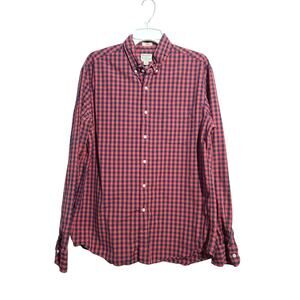 J. Crew Secret Wash Organic Cotton Button Shirt Blue Red Gingham Size L Slim Fit